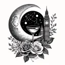 crescent moon, Aries & Libra constellations, ribbon with London skyline, cocktail glass, roses, intertwined rings, dates tattoo design idea