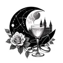 crescent moon, Aries & Libra constellations, ribbon with London skyline, cocktail glass, roses, intertwined rings, dates tattoo design idea