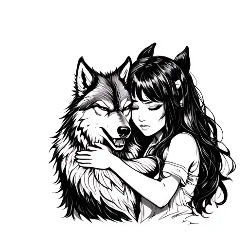 angry wolf hug girl tattoo design idea