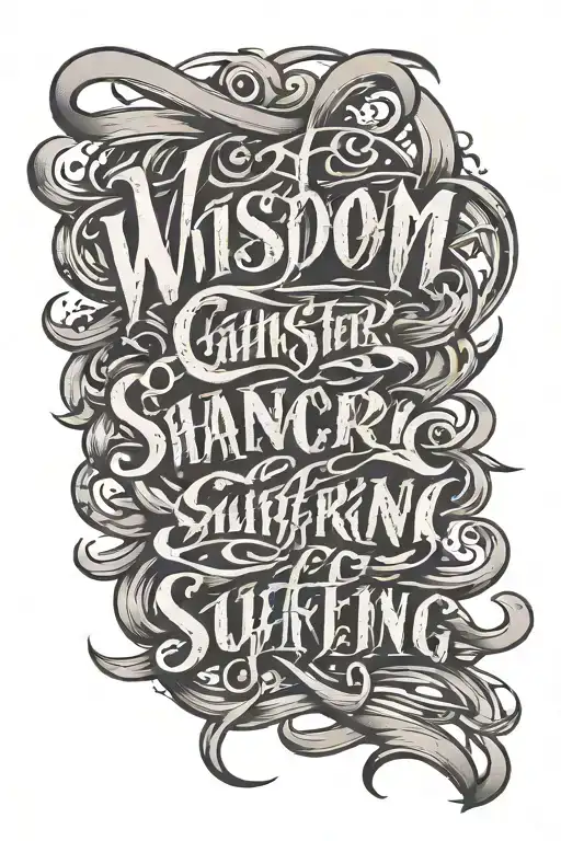 a negative space text in tattoo script calligraphy gangster font that says Wisdom through Suffering  tattoo design idea
