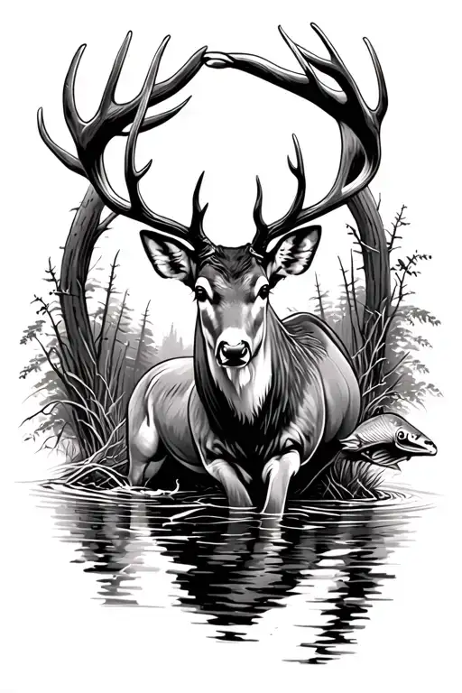white tail deer, catfish, stream running, leg sleeve tattoo design idea