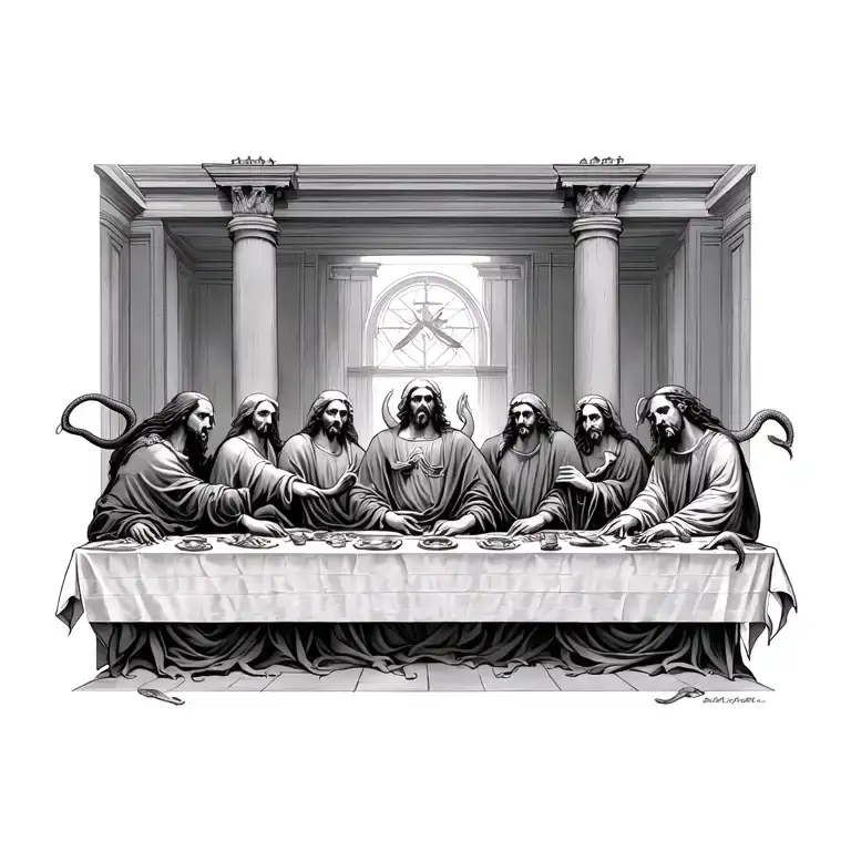 the last supper with demons and snakes realism tattoo design idea