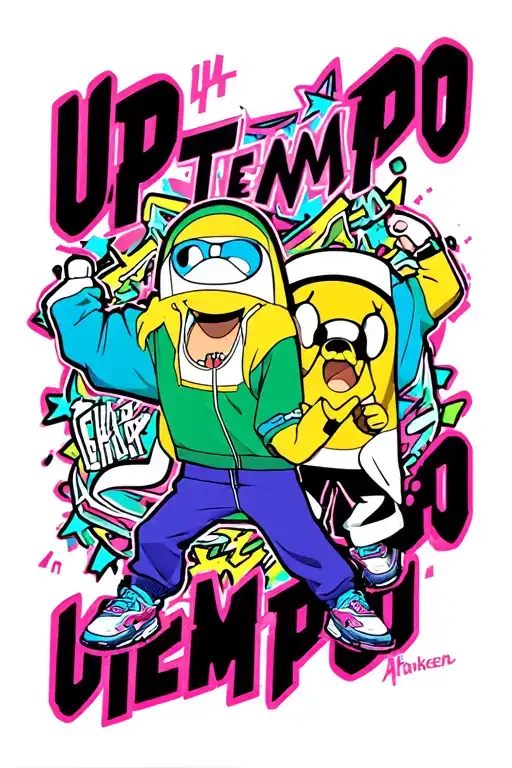 "UPTEMPO" finn and jake from adventure time dressed in hardcore tracksuits and 90 sneakers, are dancing hakken in front of a rave  tattoo design idea