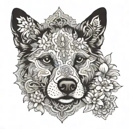 dog nose print with flowers and mandala design incorporating tattoo design idea