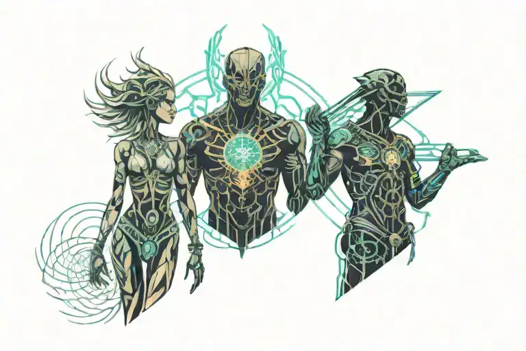 a male god and female god full body standing side by side symbolizing death and rebirth tattoo design idea