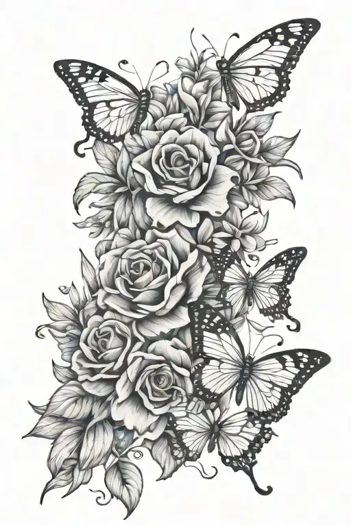 flowers and butterflies fine line drawing tattoo design idea