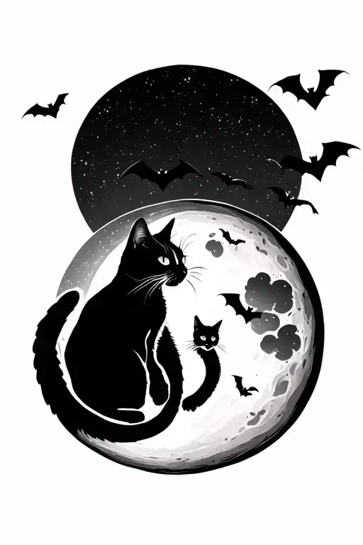 cat silhouettes on moon with bats flying tattoo design idea