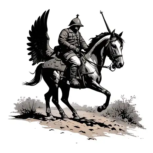 Czech soldier with wings preparing for war on horseback tattoo design idea