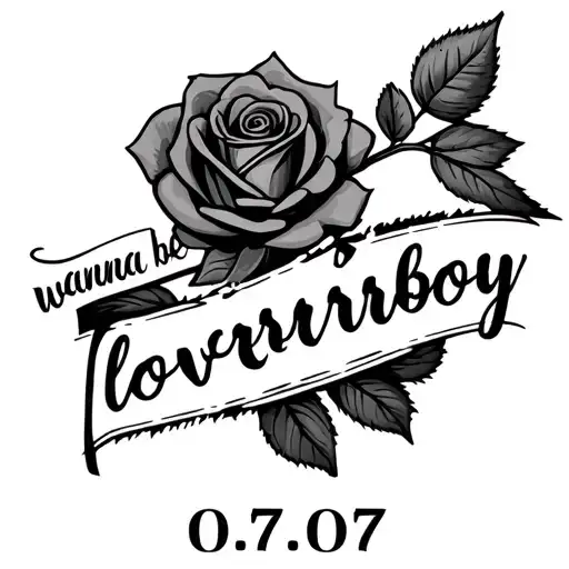 phrase "wanna be your loverboy" with a rose at the beginning of the phrase and underneath the phrase the numbers "07.07. tattoo design idea