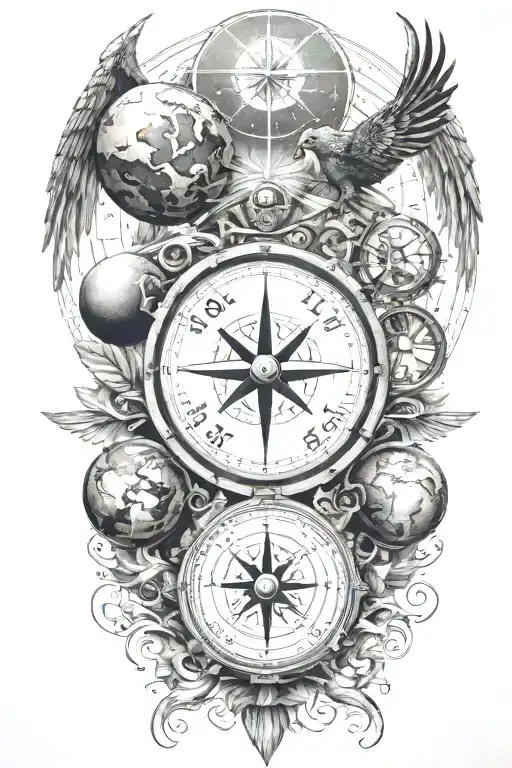 earth, moon, compass, time, phoenix tattoo design idea