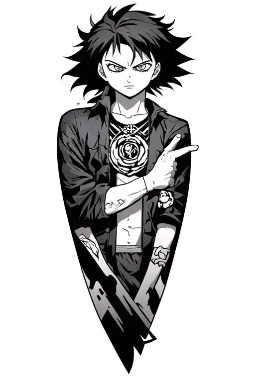 an anime styled tattoo combining one piece, hunter x hunter, demon slayer, attack on titan tattoo design idea