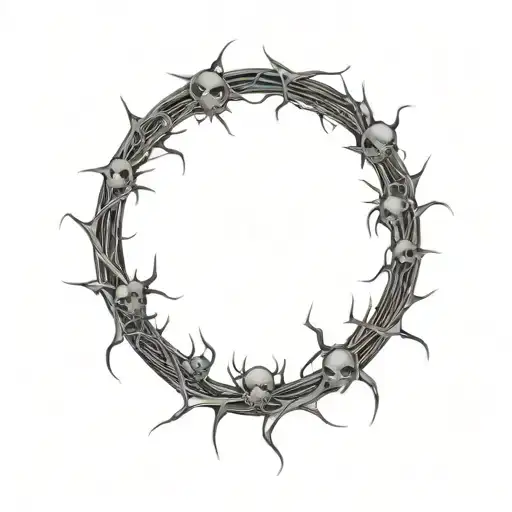 Circular shaped tattoo of vines that has flowers and thorns. Inside the flowers are small skulls. spider webs tattoo design idea