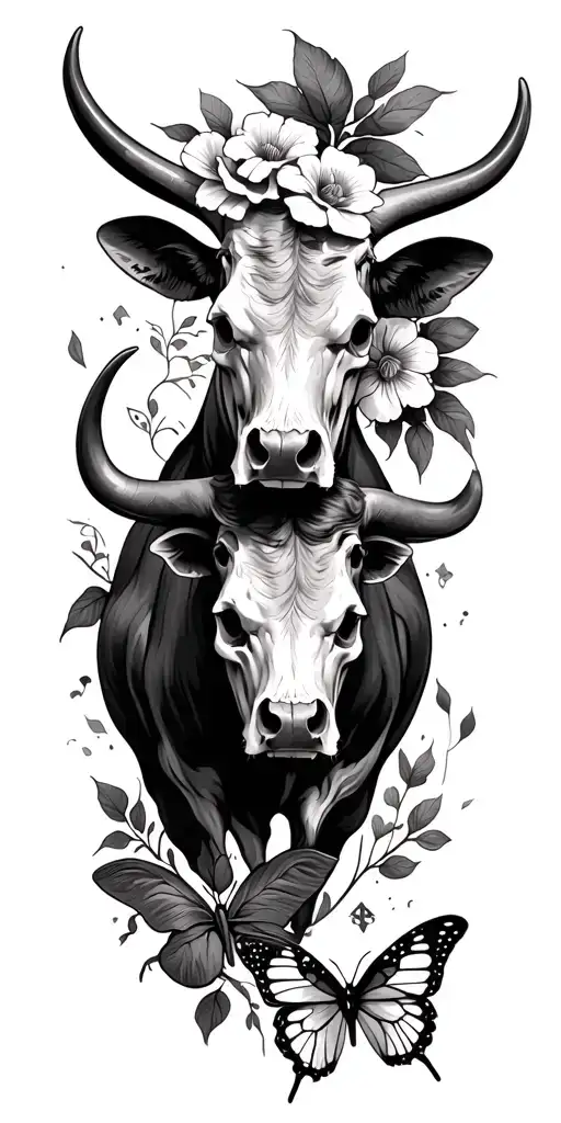 western vibes, bulls, sculls, floral, butterfly, cowgirly tattoo design idea