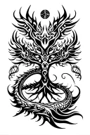 tribal design including army elements, tree of life, dna strand, goddess, dragon tattoo design idea