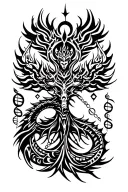 tribal design including army elements, tree of life, dna strand, goddess, dragon tattoo design idea