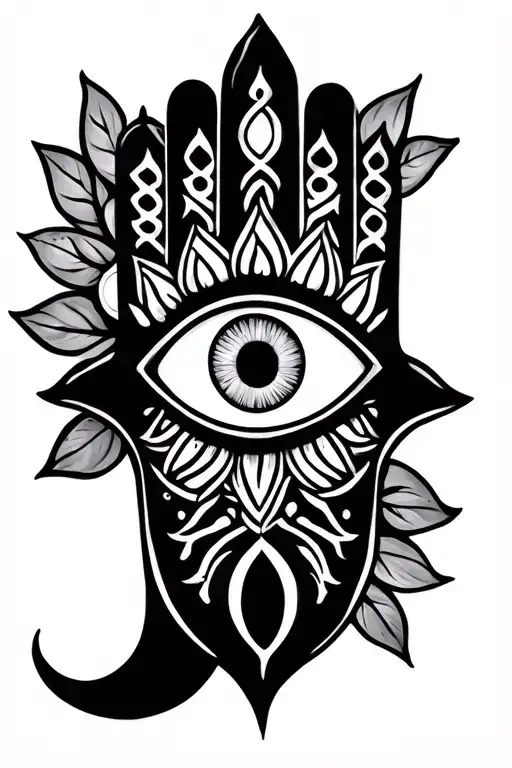 A simple hamsa hand and inside an evil eye, a lotus flower, a half moon, and an Aries symbol tattoo design idea