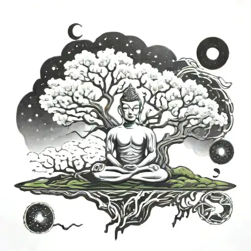 Alien Buddha meditating under a cosmic tree with music notes floating around tattoo design idea
