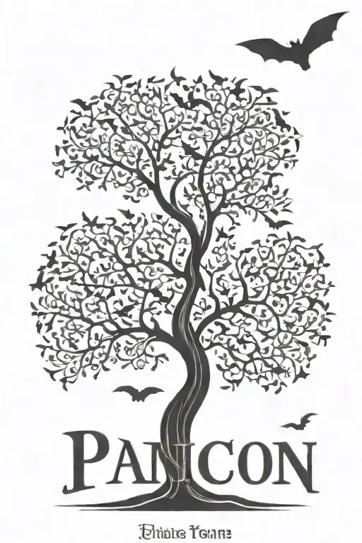 A poison tree silhouette with bats flying across and the word "manic" in arabic under it. tattoo design idea
