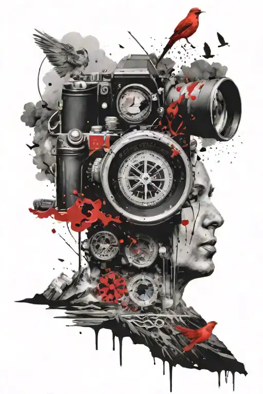 mountains, tides, compass,camera,birds,galaxy tattoo design idea