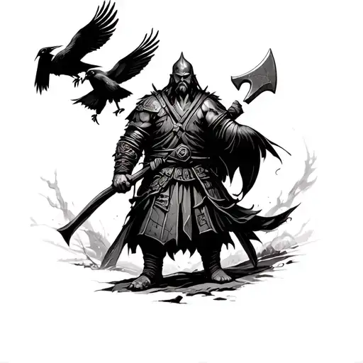 Blackwork style shadow tattoo. On the shoulder a Viking warrior with ax and crows, on the forearm a samurai co tattoo design idea