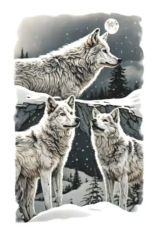 a white wolf and a baby wolf howling in the snow. Similar to canada tattoo design idea
