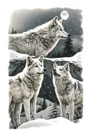 a white wolf and a baby wolf howling in the snow. Similar to canada tattoo design idea