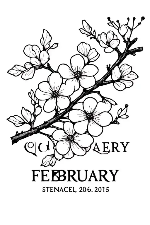fine line tattoo with February birth date and cherry blossom  tattoo design idea