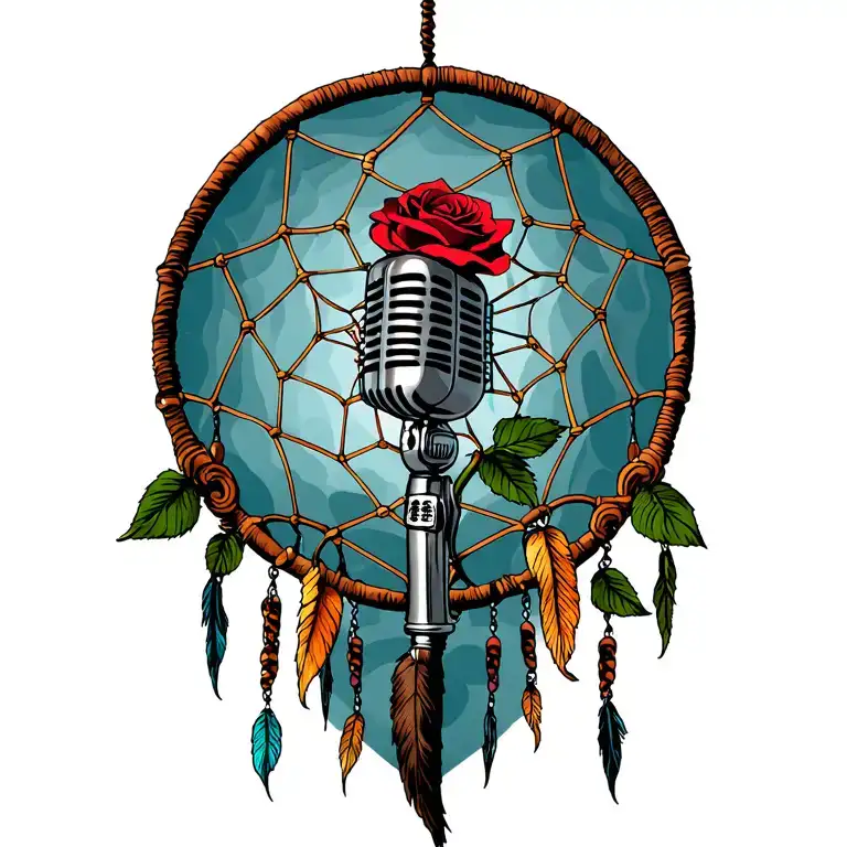 dream catcher with an old school microphone and a rose in the web and four fathers hanging from it tattoo design idea
