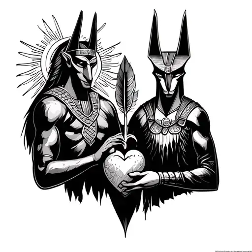 Anubis with scales in the hand on which the heart and feather. Next to him, the god of heaven of the mountains. They conduct a court of a person who came to them in tattoo design idea