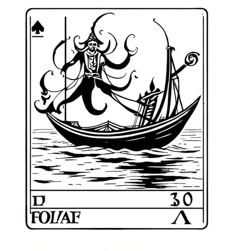 generate a tattoo of the fool character resembling that of a tarot card on a tribal tattoo of a burning boat on the back tattoo design idea