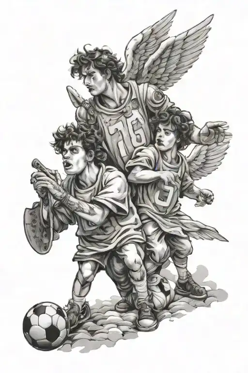 two young males looking up to an angel in the clowds. football and music themes around them  tattoo design idea