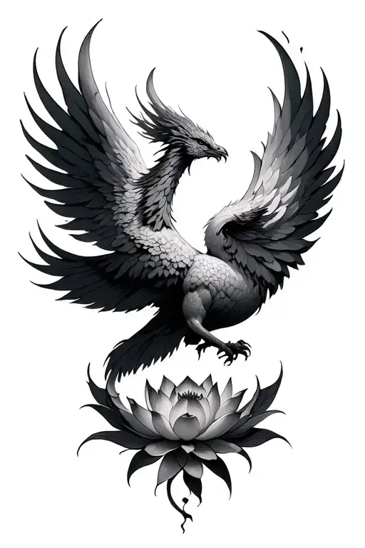 Phoenix rising and lotus blooming out of Phoenix wings tattoo design idea