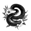 fine line tattoo, snake with floral wreath, botanical, ultra detailed, minimalist, Tritoan Ly style, black ink, white ba tattoo design idea