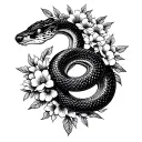 fine line tattoo, snake with floral wreath, botanical, ultra detailed, minimalist, Tritoan Ly style, black ink, white ba tattoo design idea