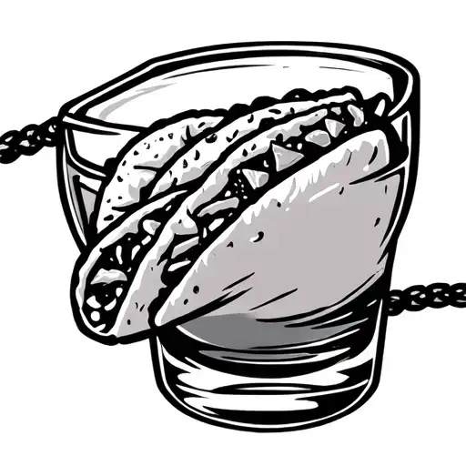 tequila shot dragging a taco on a leash tattoo design idea