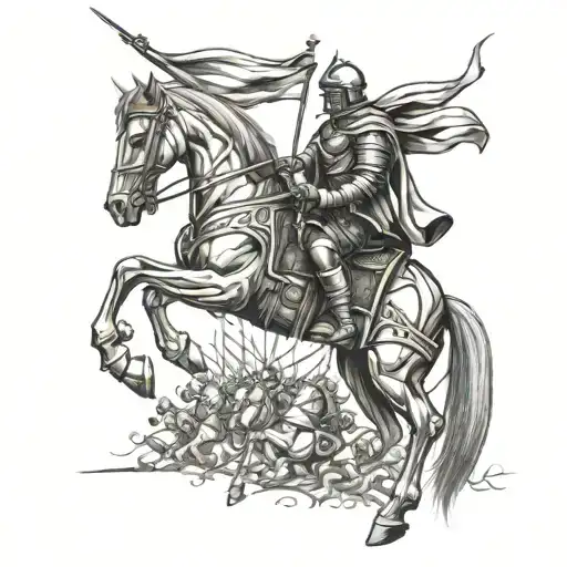 An army of armored knights on majestic horses, all bowing down with deep reverence toward a towering flag. The flag, rip tattoo design idea