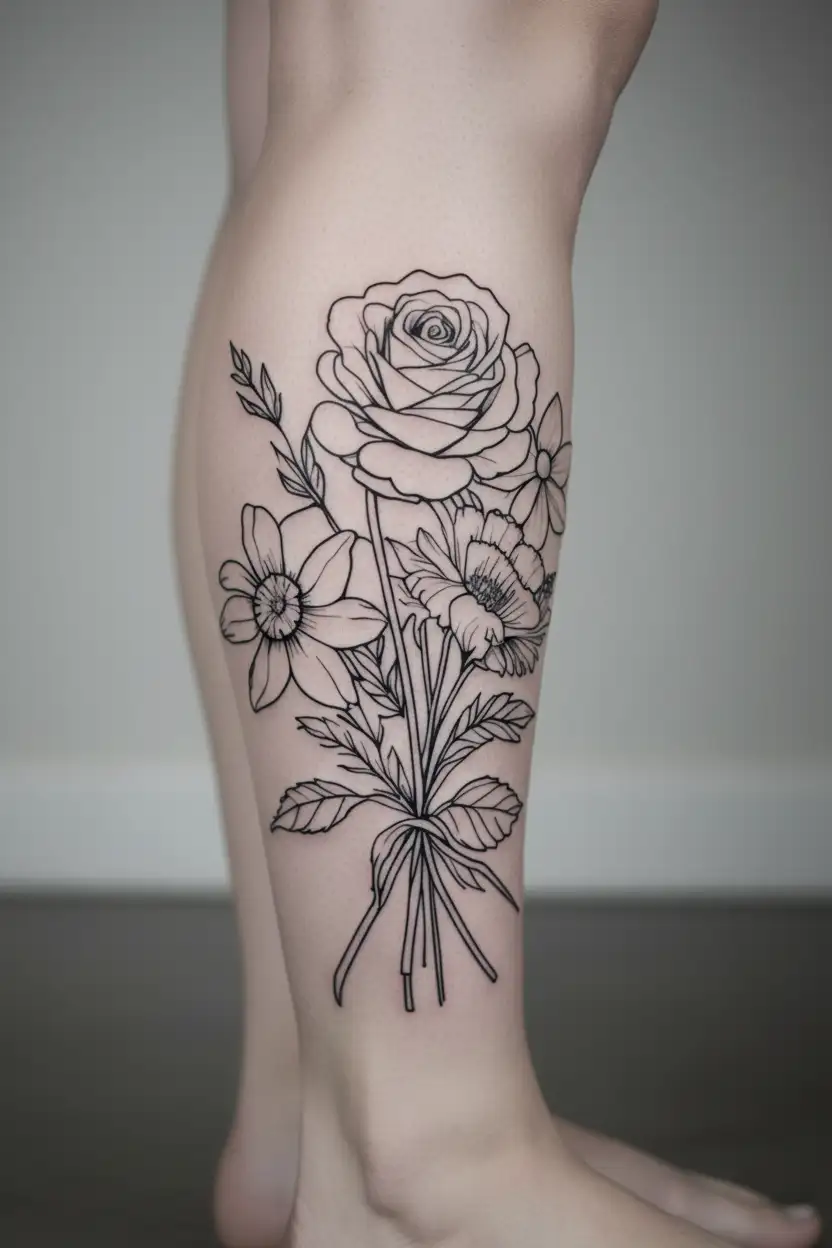 fine line flower bouquet with a rose, a jasmine, a daffodil and a carnation  tattoo design idea
