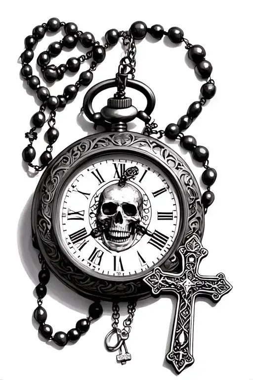 Skeleton pocket watch with the time 11:45 a rosary with a decorated cross tattoo design idea