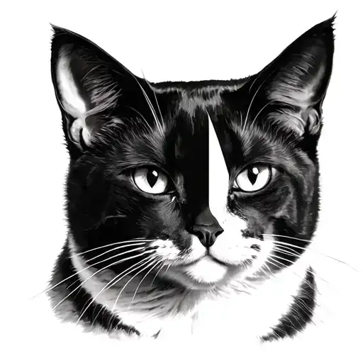 British short -haired cat, face is black with striking white triangle vertically along the nose over right a tattoo design idea