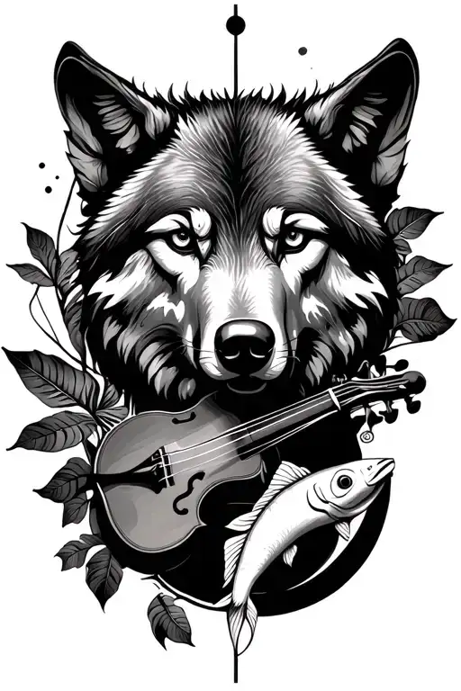 wolf face, moon, fish, monstera leave, violin tattoo design idea