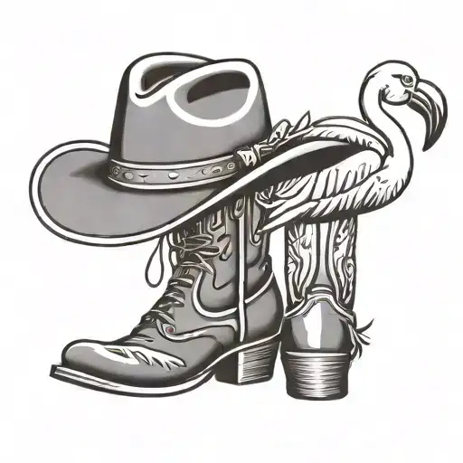 cowboy boots with a cowboy hat hanging on top half and a flamingo with sunglasses on the boots tattoo design idea