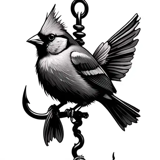 a fish hook with a cardinal perched on it  tattoo design idea