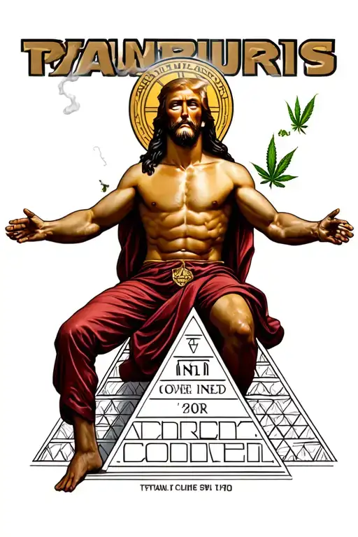 Slutty Jesus with 4 Boobies, riding on trump, smoking weed, in front of an illuminati pyramid tattoo design idea