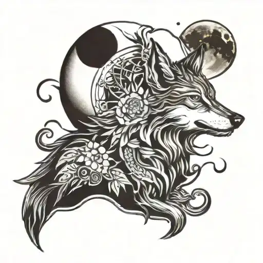 lotus and wolf howling at the moon tattoo design idea