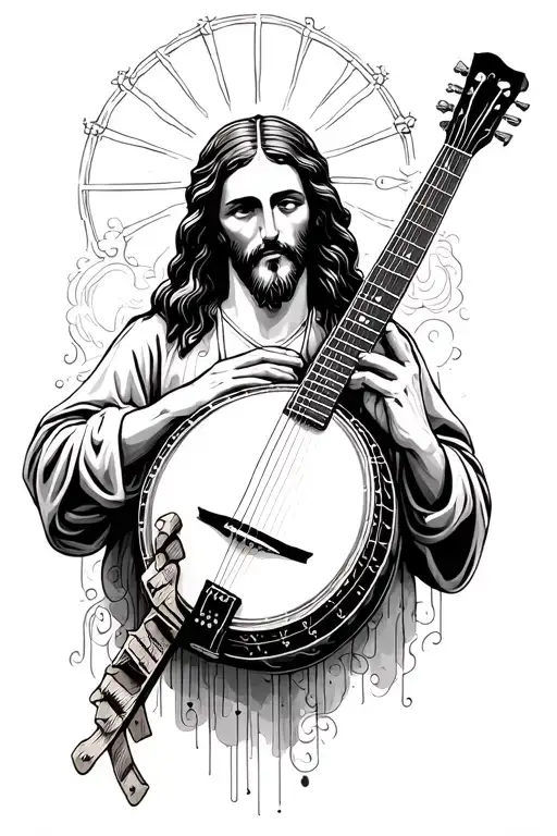 sketch style woth shading incorpating a martin guitar, banjo and Jesus. using multiple drawings blend together as tho on tattoo design idea