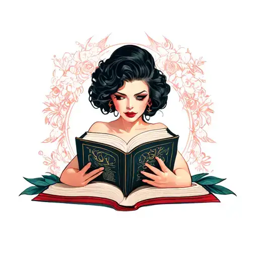 realistic pin up woman dark hair reading a book open in front tattoo design idea