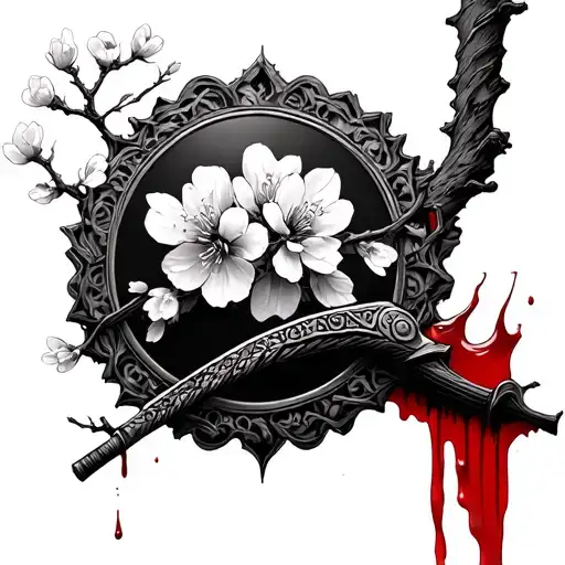 Create an imagine of a cherry blossom tree with a samurai award imbedding into the tree with blood on the blade tattoo design idea