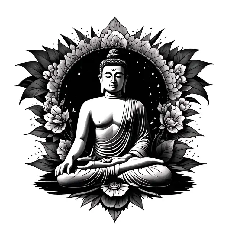 The tattoo represents a spiritual and poetic scene centered around Buddha, seated in the meditation position (DHY tattoo design idea
