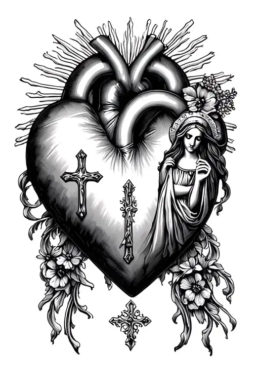 ex-voto heart with cross and a Madonna  tattoo design idea