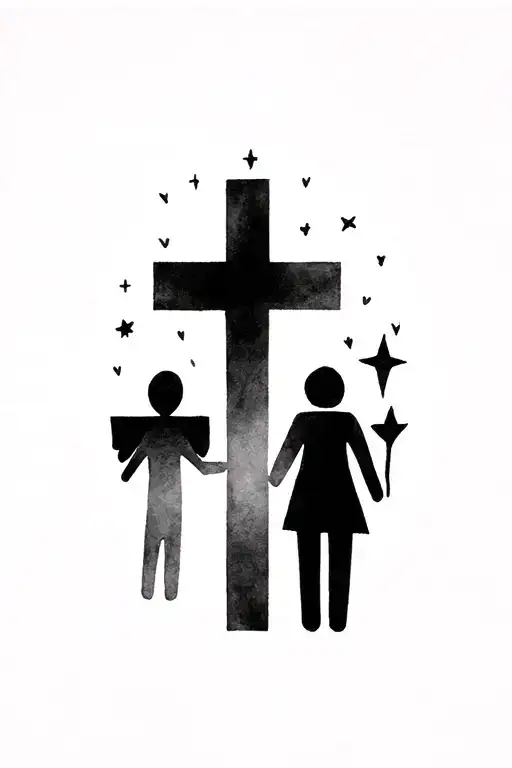 A tattoo of a simple cross with the silhouette of a dad+child+mum at the bottom right of the silhouette and a star at the top right tattoo design idea